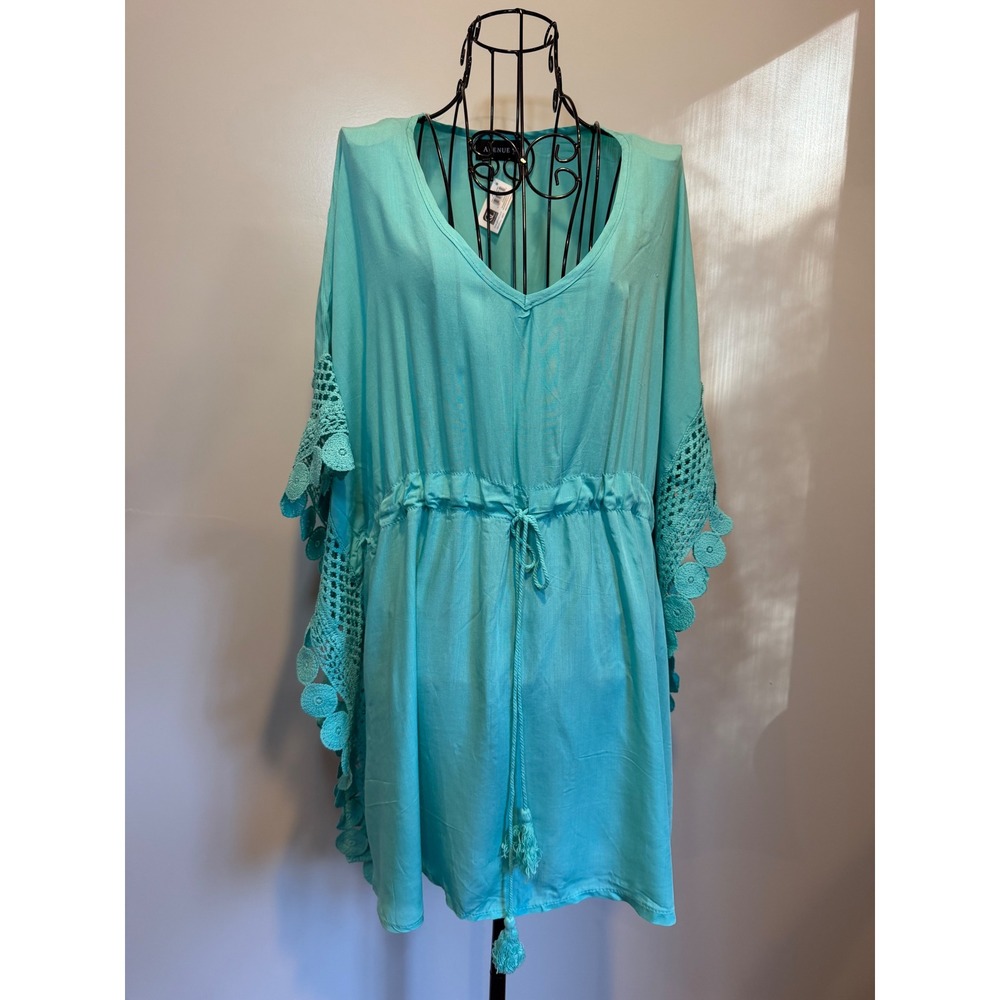 Avenue 9 Turquoise Blue Crochet Lace Trim Drawstring Swim Cover Up Kaftan NWT